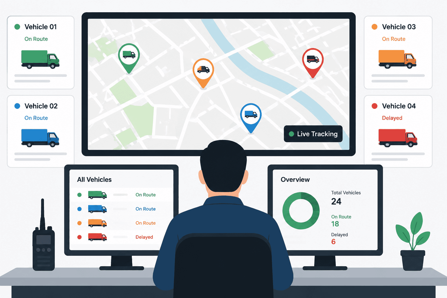 Deltreq fleet command center with live route map
